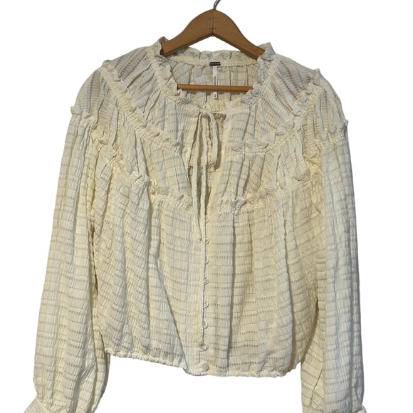 Free People Hailey Cotton Shadow-Striped Crop Top Blouse Size Small Ruffles - Picture 2 of 8